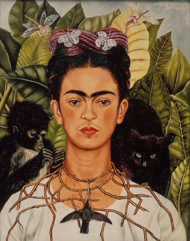 Frida Kahlo, Self-Portrait with Thorn Necklace and Hummingbird, 1940, Oil on canvas, 61.25 lookin cm × 47 cm (24.11 in × 18.5 in), Harry Ransom Center, Austin, Texas, Austin